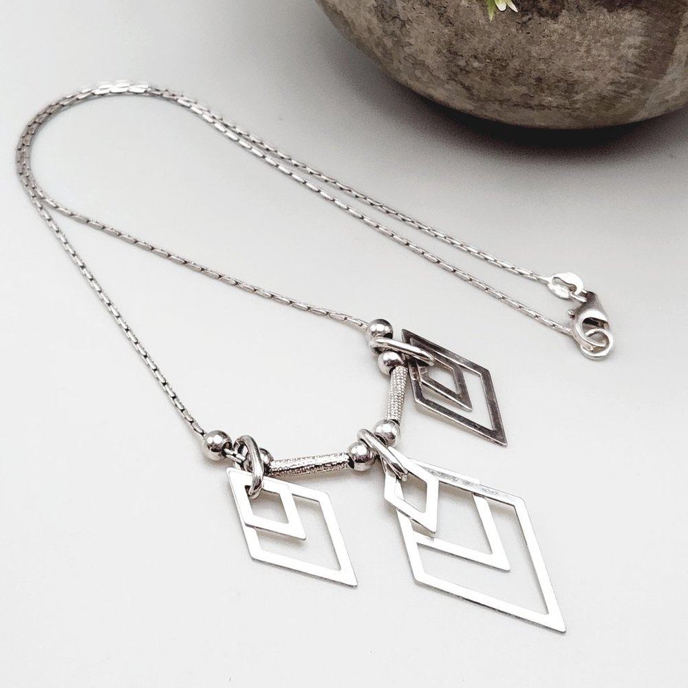 Silver Geometric Drop Necklace - Modern Layered Rhombus Pendant